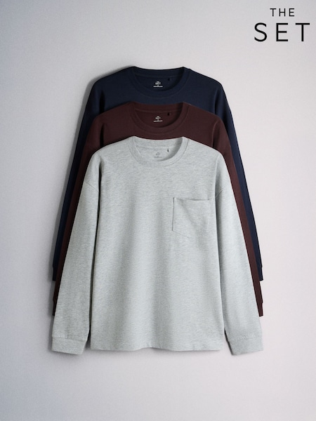أزرق داكن/رمادي - Regular The Set 3 Pack Longsleeve Heavyweight Pocket T-shirts
