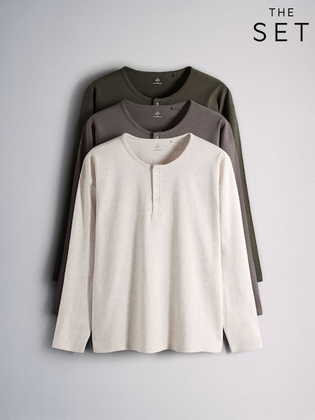 Green/Ecru - Regular The Set 3 Pack Long Sleeve Henley Tops