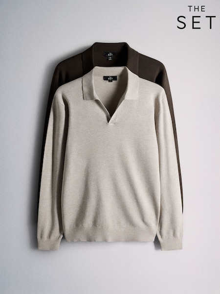 Brown/Cream - Regular The Set 2 Pack Trophy Neck Knit Jumpers