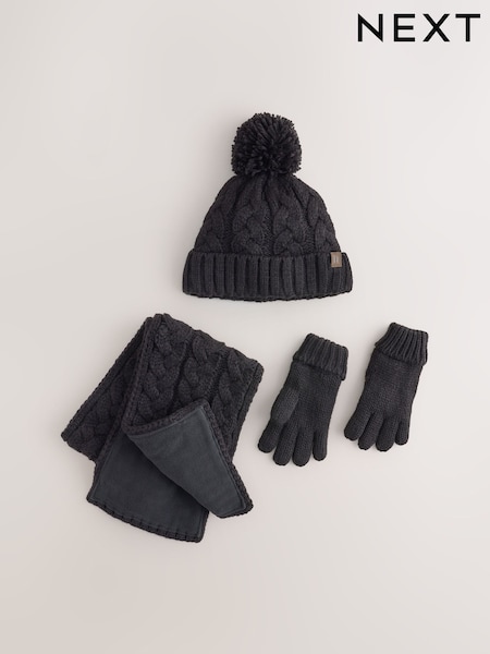Black - Cable Beanie Scarf And Gloves (3-16yrs)
