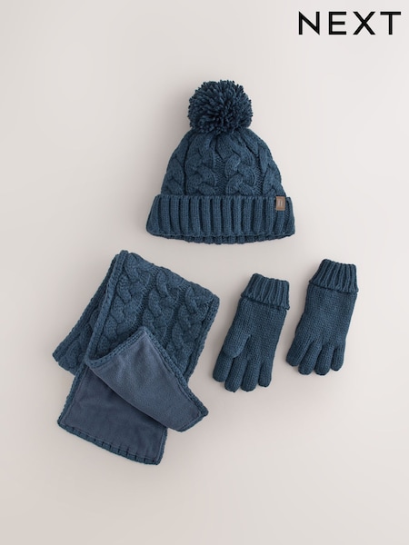 Navy - Cable Beanie Scarf And Gloves Set (3-16yrs)