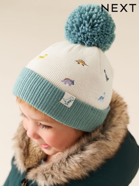 Ecru/Blue Dinosaur - Embroidered Pom Beanie (3mths-10yrs)