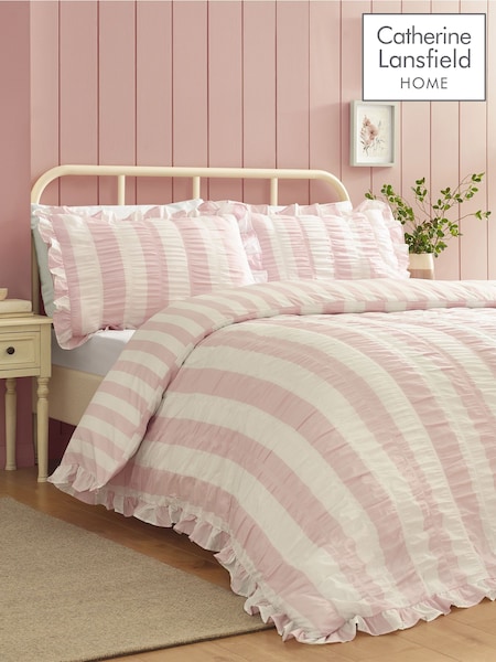 Catherine Lansfield Pink Seersucker Ruffle Stripe Duvet Cover & Pillowcase Set (G98464) | €33 - €59.50