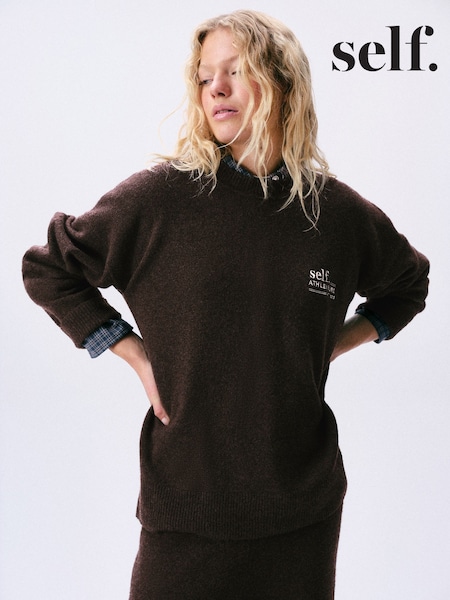 Chocolate Brown - Self. Knitted Longline Crew Jumper