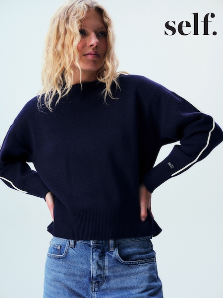 Blue - Self. Knitted Side Stripe Jumper