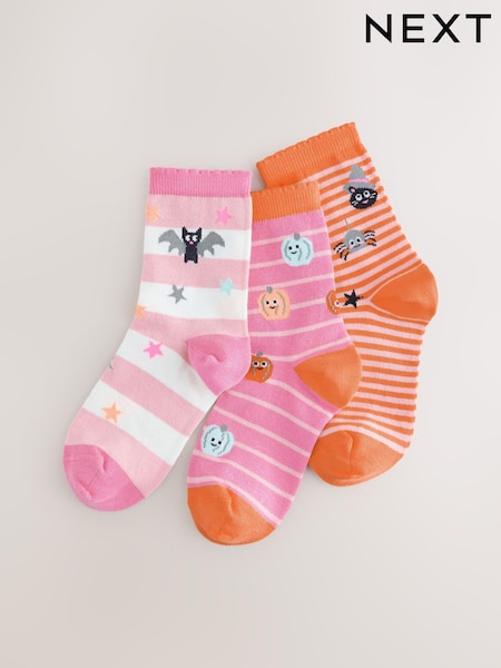 Pink/Orange - Cotton Rich Halloween Ankle Socks 3 Pack