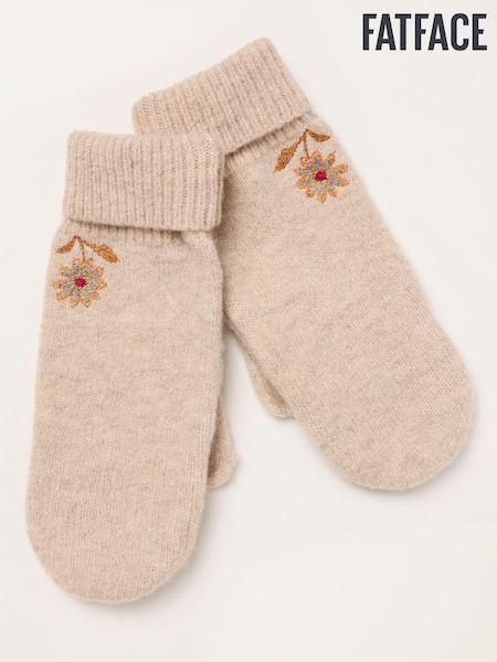 Oatmeal - Fatface Floral Embroidered Overflap Mittens