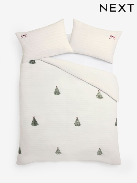 Embroidered Christmas Tree Brushed Cotton Duvet Cover And Pillowcase Set