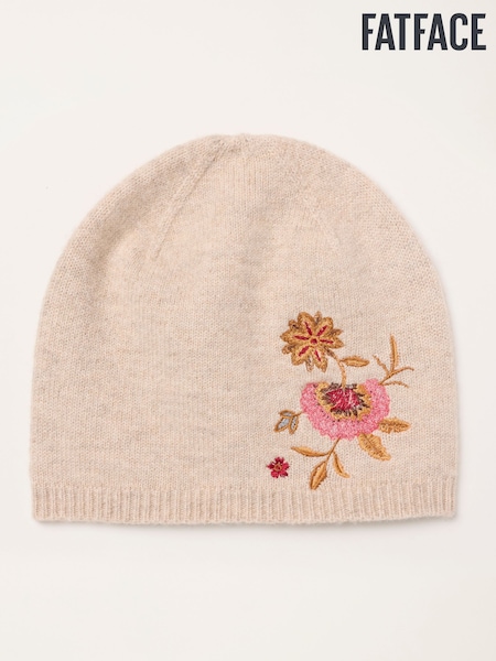 Oatmeal - Fatface Floral Embroidered Beanie