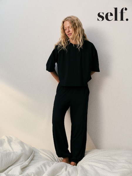 أزرق داكن - Self. Viscose Blend Slouchy Pyjamas Set