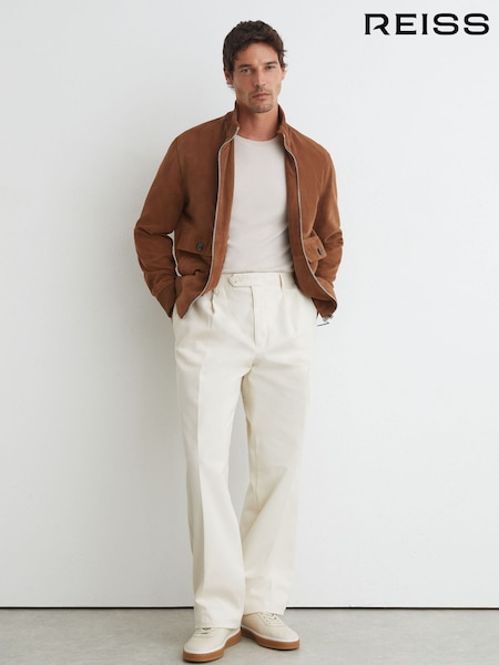 Stone - Regular Reiss Look Cotton Slub Pleated Relaxed-fit Trousers