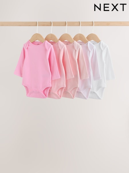 Pink/White - Long Sleeve Baby Bodysuits 5 Pack