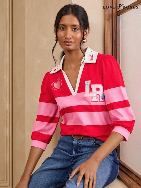 Red and Pink - Love & Roses Collared 3/4 Sleeve Embroidered Sweatshirt