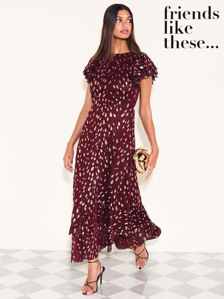 Berry Red - Friends Like These Ruffle Short Sleeve Metallic Foil Midi Dress