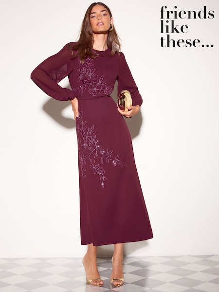 Burgundy Red - Friends Like These Floral Embellished Chiffon Long Sleeve Midi Dress