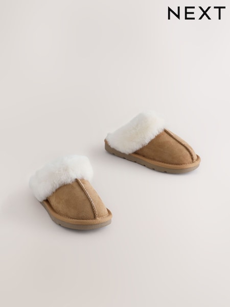 Marron fauve - Mules Chaussons en véritable peau de mouton