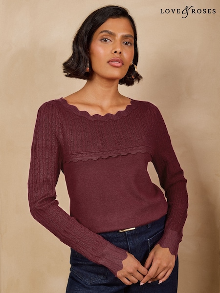 Burgundy Red - Love & Roses Scalloped Boat Neck Long Sleeve Knitted Jumper