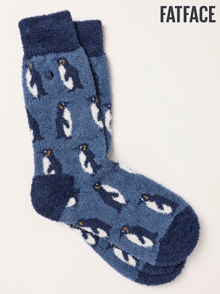 Blue - Regular Fatface Penguin Fluffy Socks