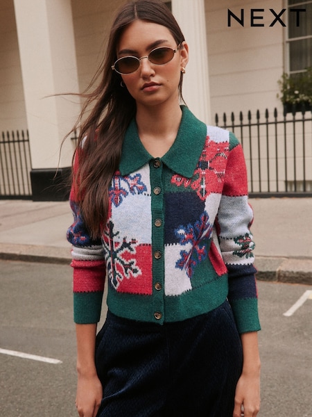 Green/ Multi Patched Snowflake - Julecardigan