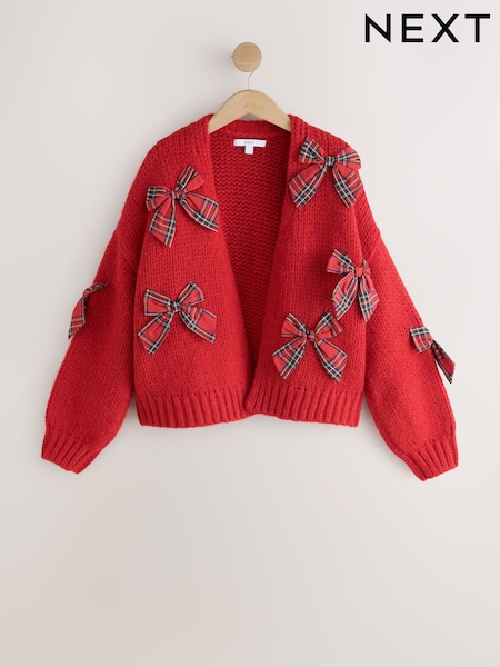 Red 3D Tartan Bow - Soft Touch Chunky Knit Open Cardigan