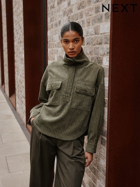Khaki Green - Soft Corduroy Funnel Overhead Shacket