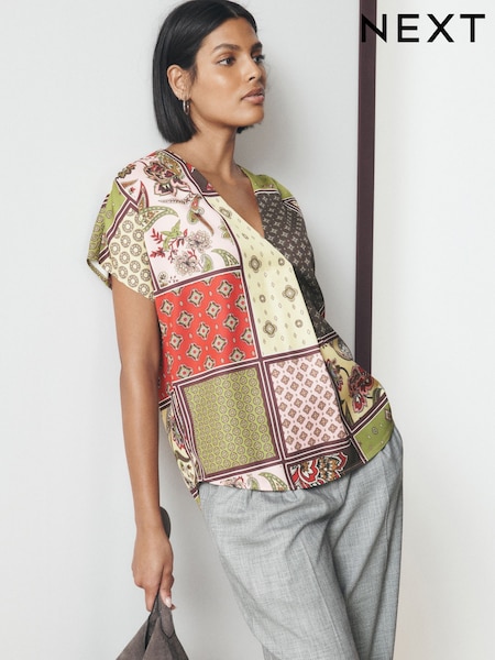 Multicoloured Patchwork Print - Short Sleeve Overhead V-neck Blouse