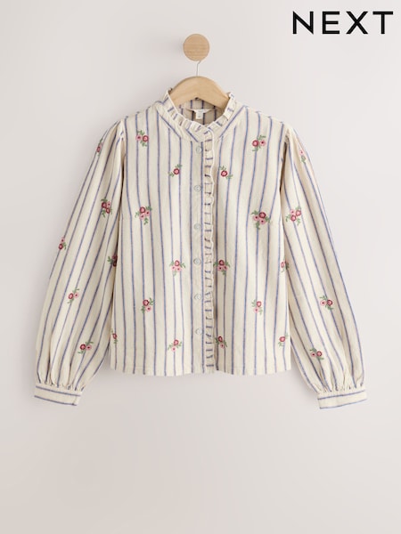 Ecru - Piecrust Ruffle Floral Embroidered Blouse