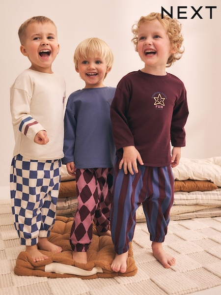 Burgundy/Ecru/Blue - Oversized Pyjamas 3 Pack (9mths-10yrs)