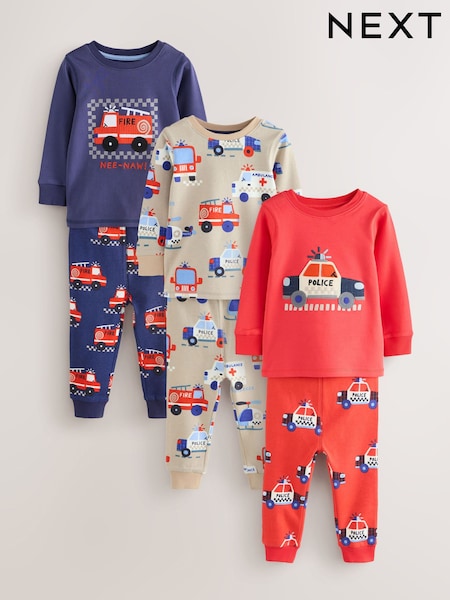 Red/Blue Emergency Vehicles - Snuggle Pyjamas 3 Pack (9mths-10yrs)