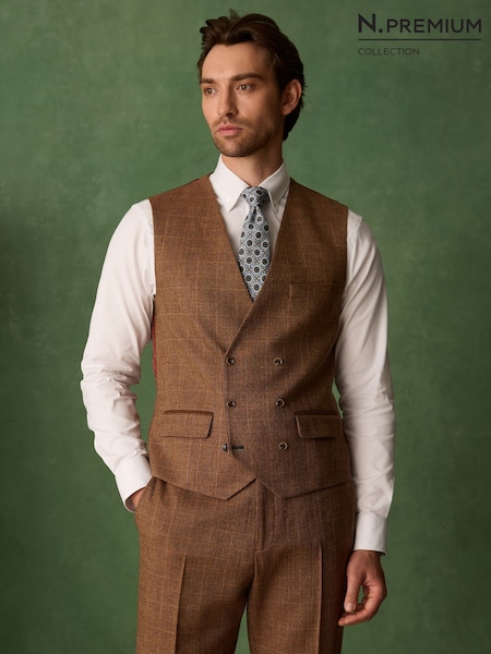 Rust Brown - Regular N. Premium Tailored Fit Wool Blend Trimmed Check Suit Waistcoat