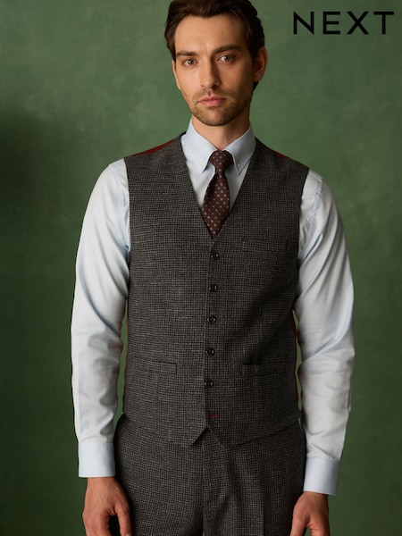 Gri cenuşiu - Regular Tailored Fit Trimmed Dogtooth Wool Blend Suit Waistcoat
