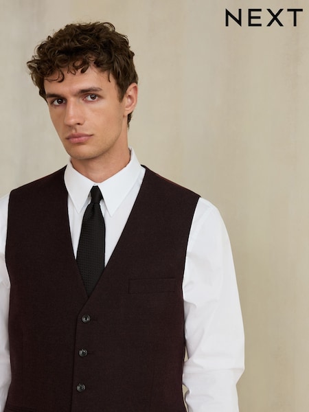 Burgundy Red - Regular Slim Fit Wool Blend Flannel Suit Waistcoat