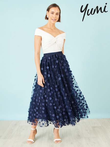 Yumi Blue Mesh Floral Appliqué Midi Skirt (G99972) | $187