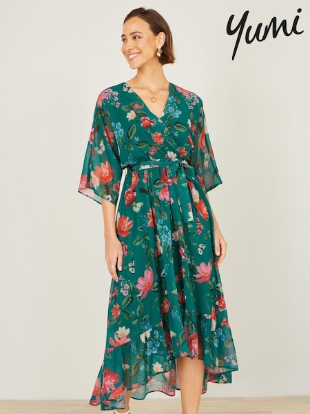 Yumi Green Floral Kimono Wrap Dress With Dip Hem (G99983) | €86.50