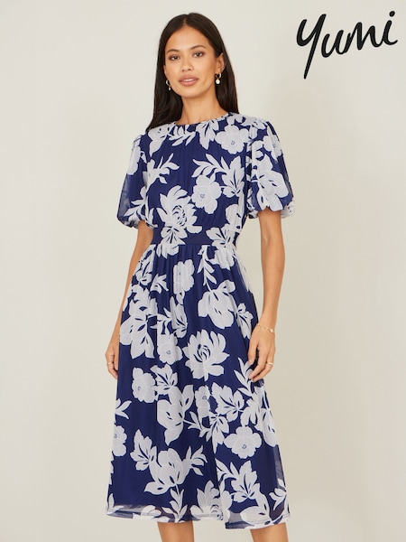 Yumi Blue Flower Stretch Mesh Midi Dress With Angel Sleeves (G99993) | €93