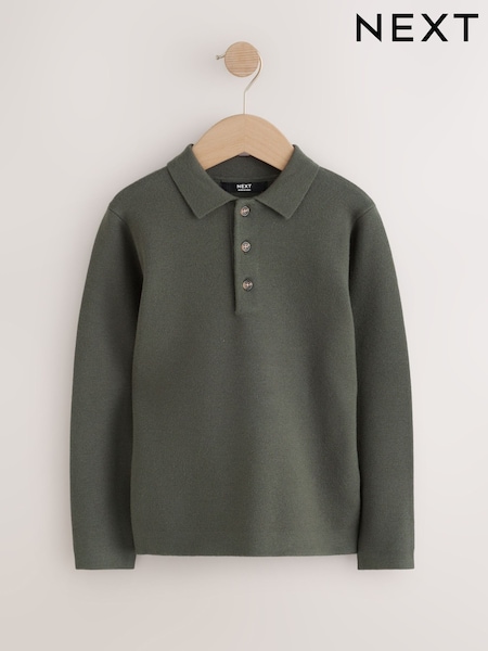 Dark Green - Knitted Button Neck Polo Shirt (3-16yrs)