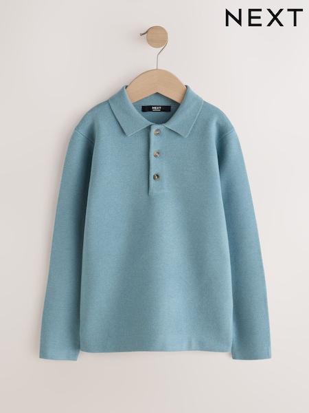Blue - Knitted Button Neck Polo Shirt (3-16yrs)