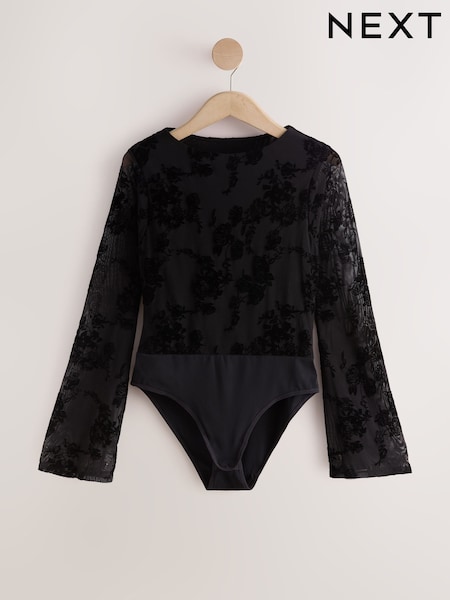 Black - Flute Sleeve Flocked Bodysuit