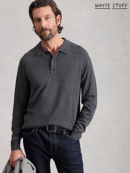 White Stuff Grey Newport Merino Polo Long Sleeve Shirt (H00436) | AED349