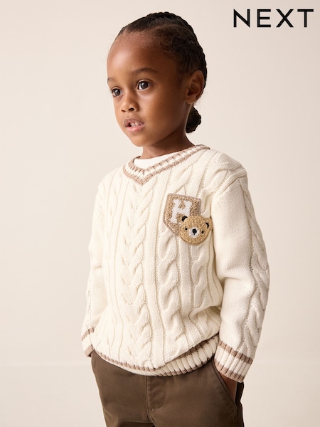 Cream - Cable Knit Varsity Jumper (3mths-7yrs)