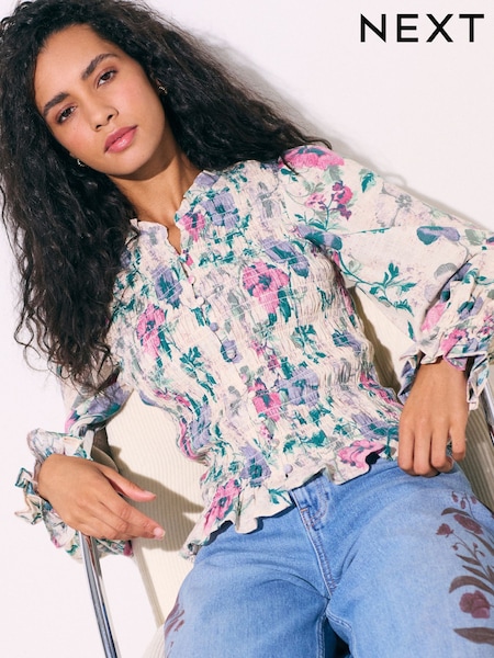 Ecru Multi Floral Print - Smocked Button Front Long Sleeve Blouse