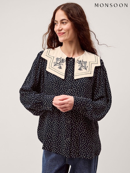 Monsoon Ivy Blue Embroidered Collar Polka Dot Blouse (H00618) | $162
