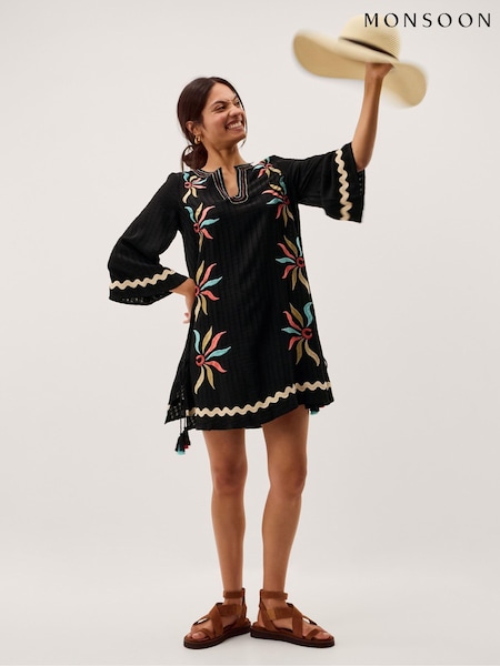 Monsoon Black Bonnie Embroidered Mini Kaftan (H00629) | SGD 155
