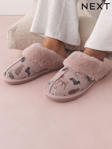 Pink - Faux Fur Lined Suede Mule Slippers