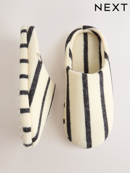 Cream/Black - Wool Striped Mule Slippers