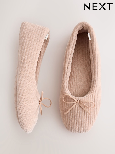 Pink - Cord Velour Ballet Bow Slippers