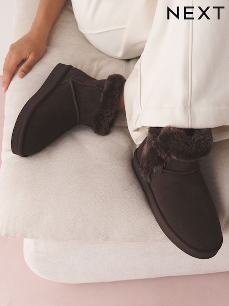Chocolate Brown - Suede Faux Fur Lined Boot Slippers