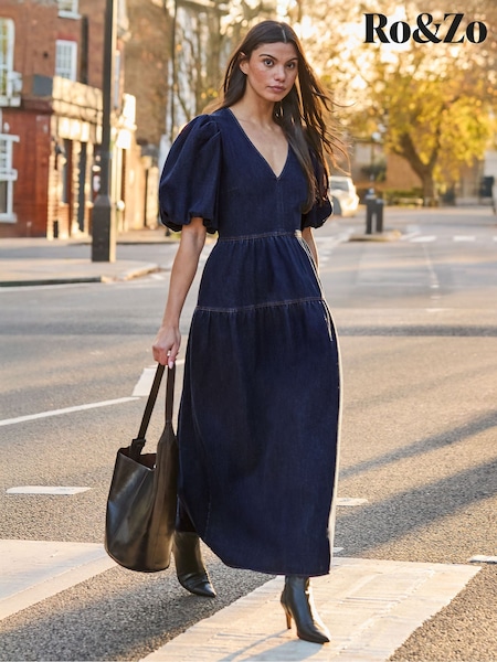 Ro&Zo Blue Denim Puff Sleeve Maxi Dress (H01003) | €171