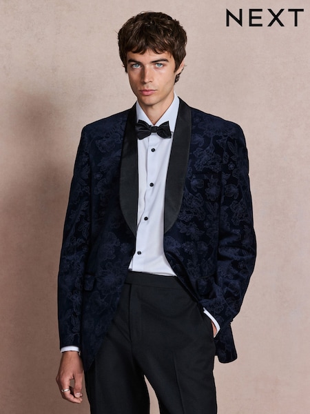 Navy - Regular Floral Patterned Regular Fit Cotton Velvet Blazer