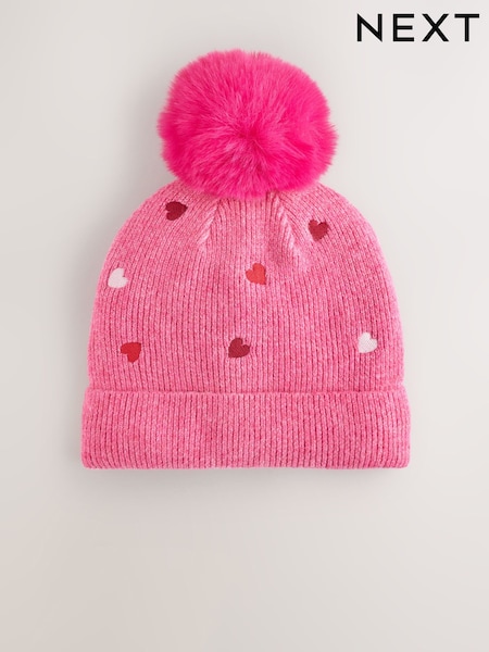 Pink Heart - Pom Beanie Hat (3mths-16yrs)